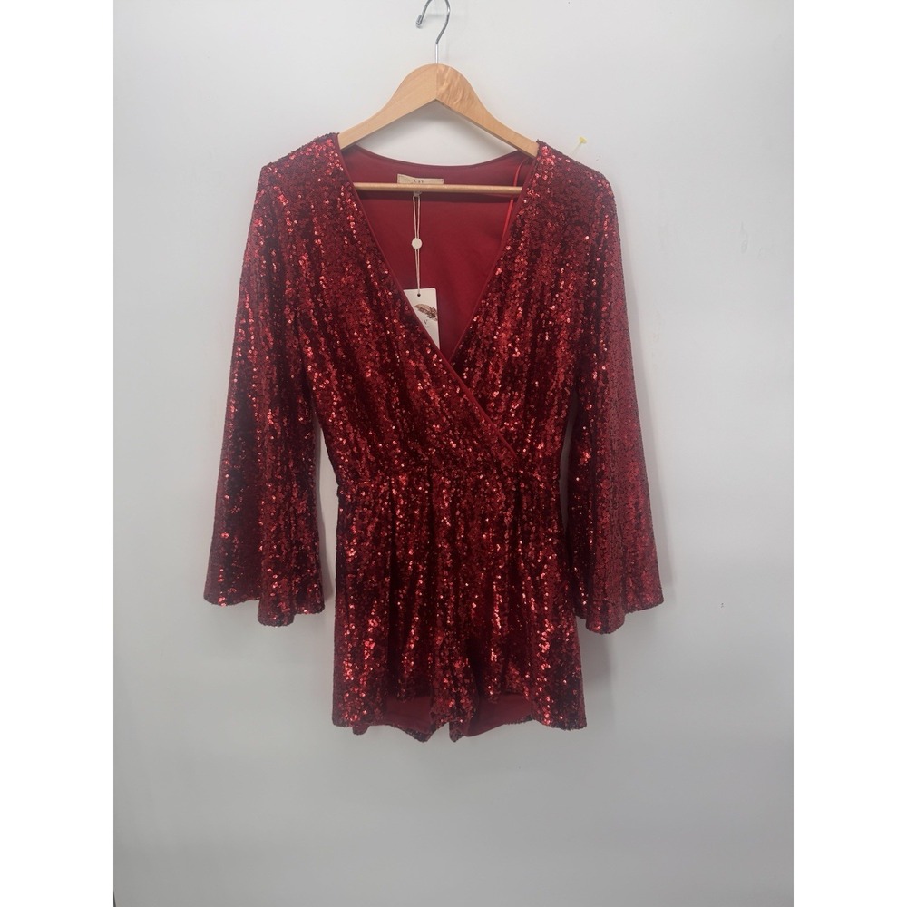 New Chelsea & Violet Burgundy Sequin Red Romper Long Sleeve V-Neck Party Size S